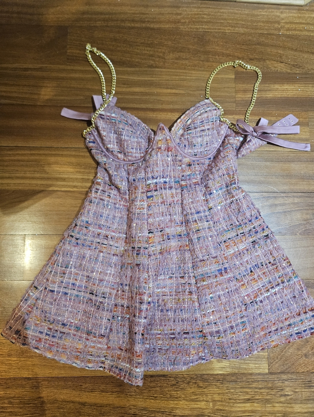 For Love And Lemons Pink Tweed Mini Dress with Gold Chain Straps